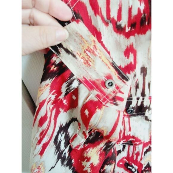 Chico's 2 Multicolor Button Front Top Shirt Size L Tan Red Brown Southwest Style - Picture 4 of 8